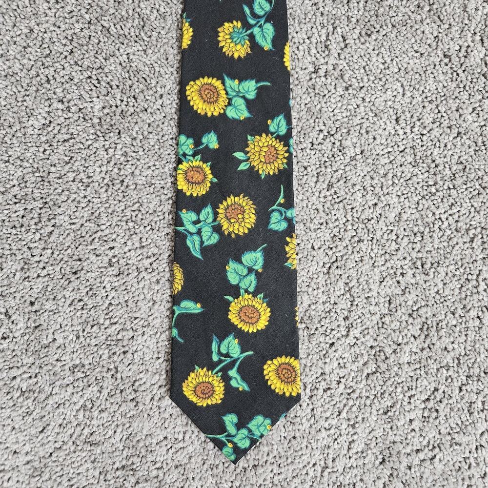 Vtg Britches Great Outdoors Necktie Black Cotton Sunflowers AOP 55" Floral